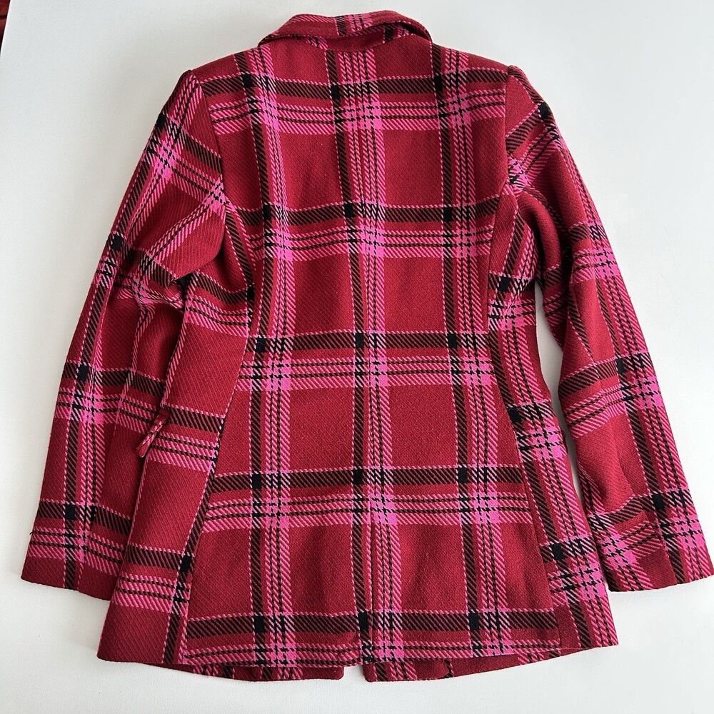 NINE WEST Red Pink Black Plaid Blazer Jacket Notch Collar Office Workwear XS - Picture 2 of 13